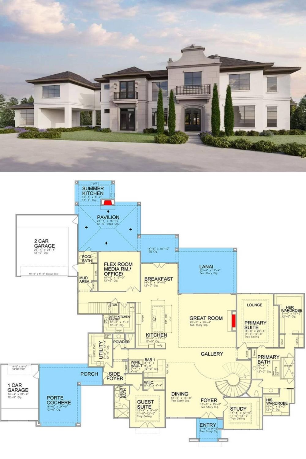 This 5-bedroom European home exudes a timeless elegance with a stately stucco exterior, brick accents, hipped rooflines, and an arched entry with a French front door.