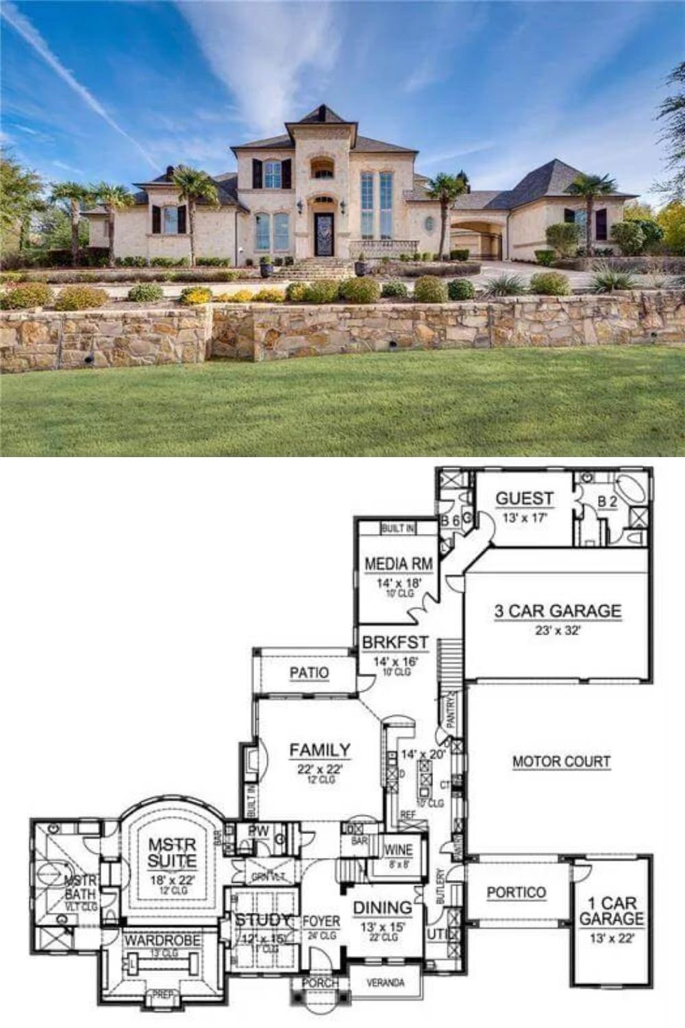 This 5-bedroom traditional home boasts an attractive facade with a stately stone exterior, hipped rooflines, shuttered windows, and a porte-cochere that connects the detached garage to the house.