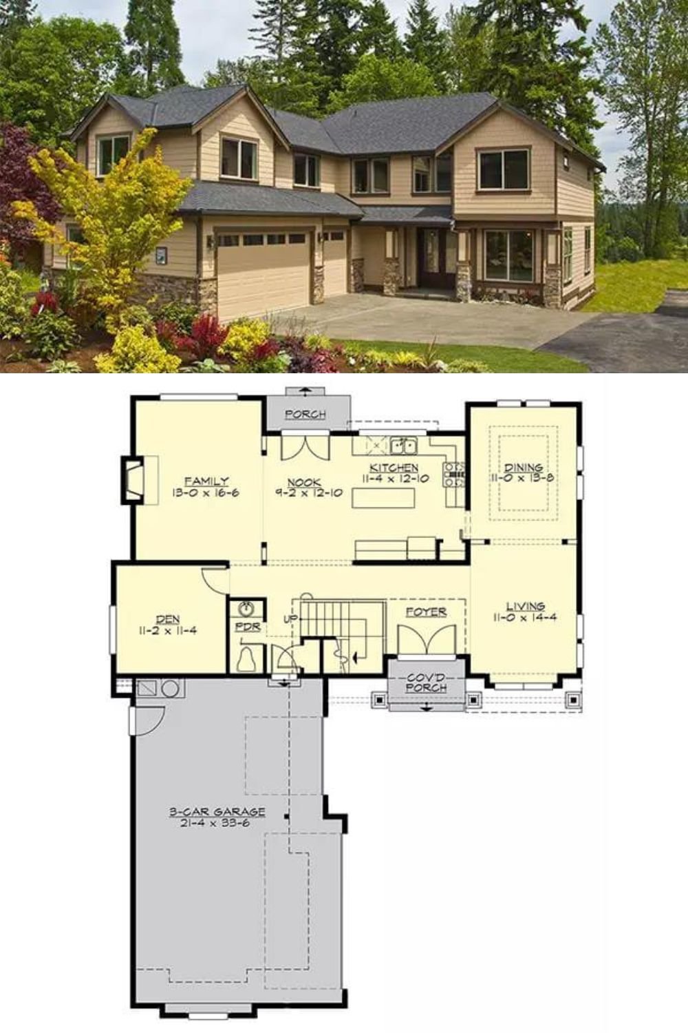 This 4-bedroom craftsman home exudes a traditional charm with horizontal lap siding, stone skirting, gable rooflines, and a covered front porch that creates a warm welcome.