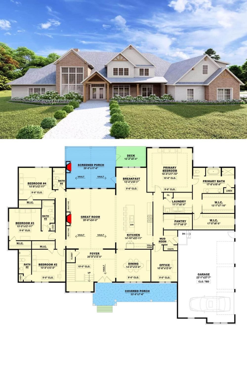 An attractive blend of clapboard siding, brick, and wood accents adorns this 5-bedroom traditional home. It includes an inviting front porch and a 3-car side-loading garage with a bonus room above, perfect for future expansion.