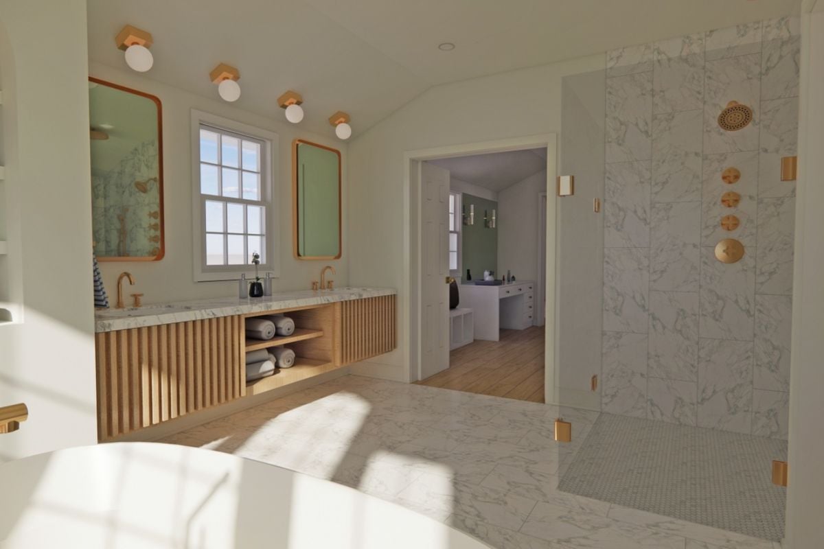 A bathroom with shower room, a bathtub, vanities, and mirrors.