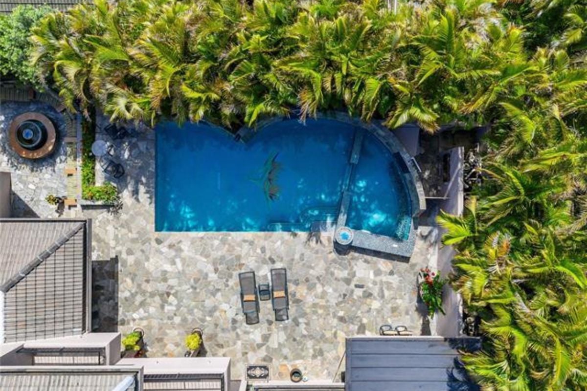 The aerial view of the swimming pool.