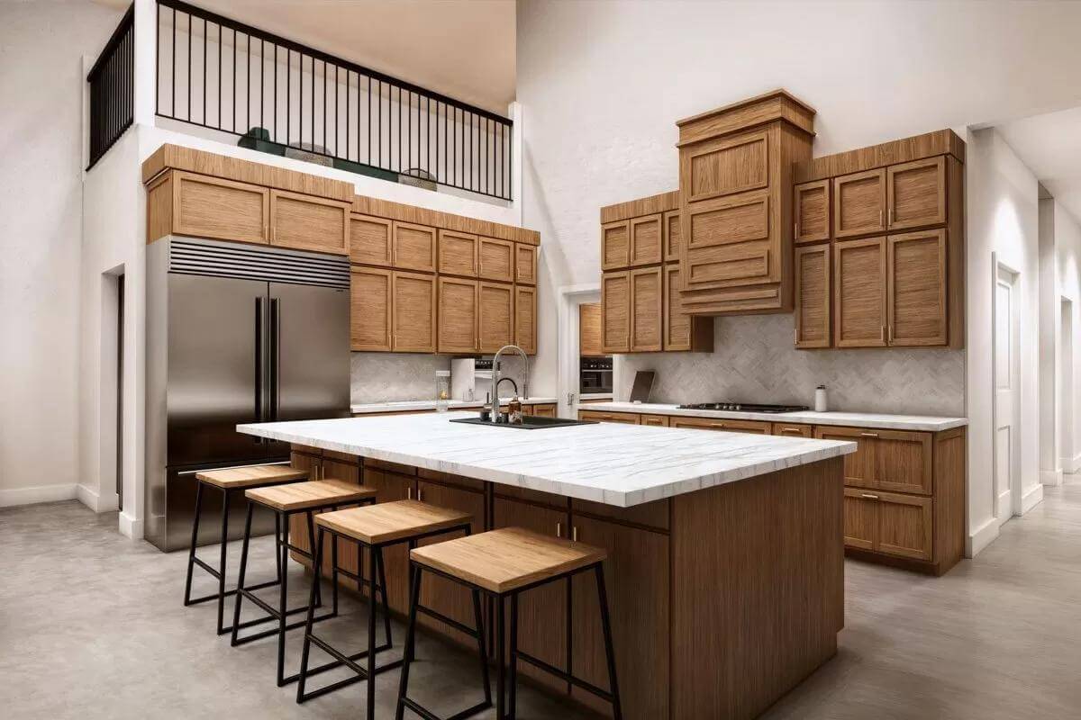 Kitchen with wooden cabinetry, stainless steel appliances, and a breakfast island.