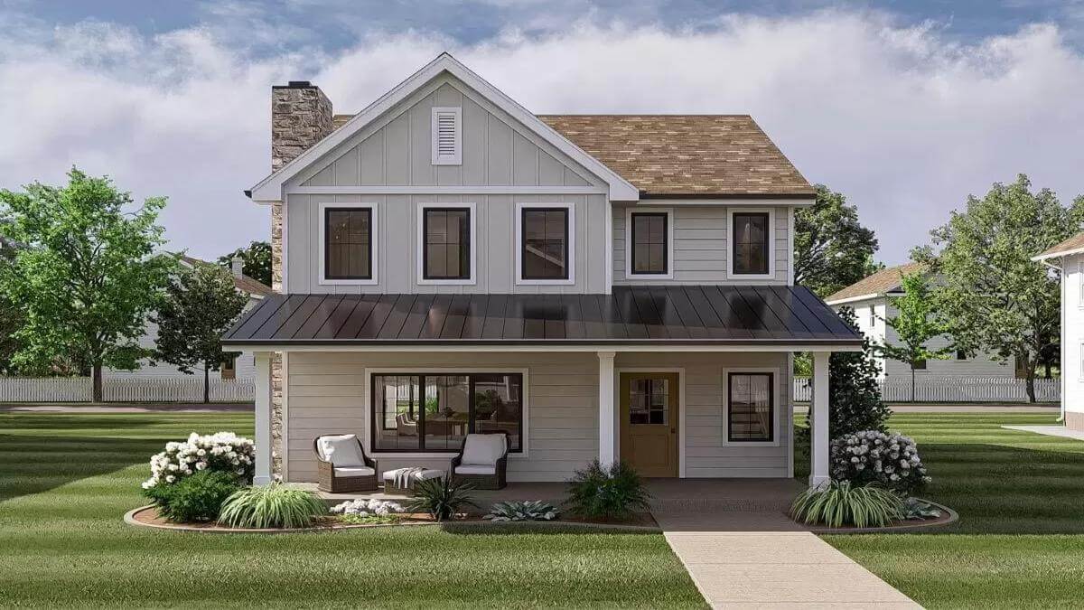 Country Style 3-Bedroom Farmhouse with Front Porch and Rear Garage (Floor Plan)