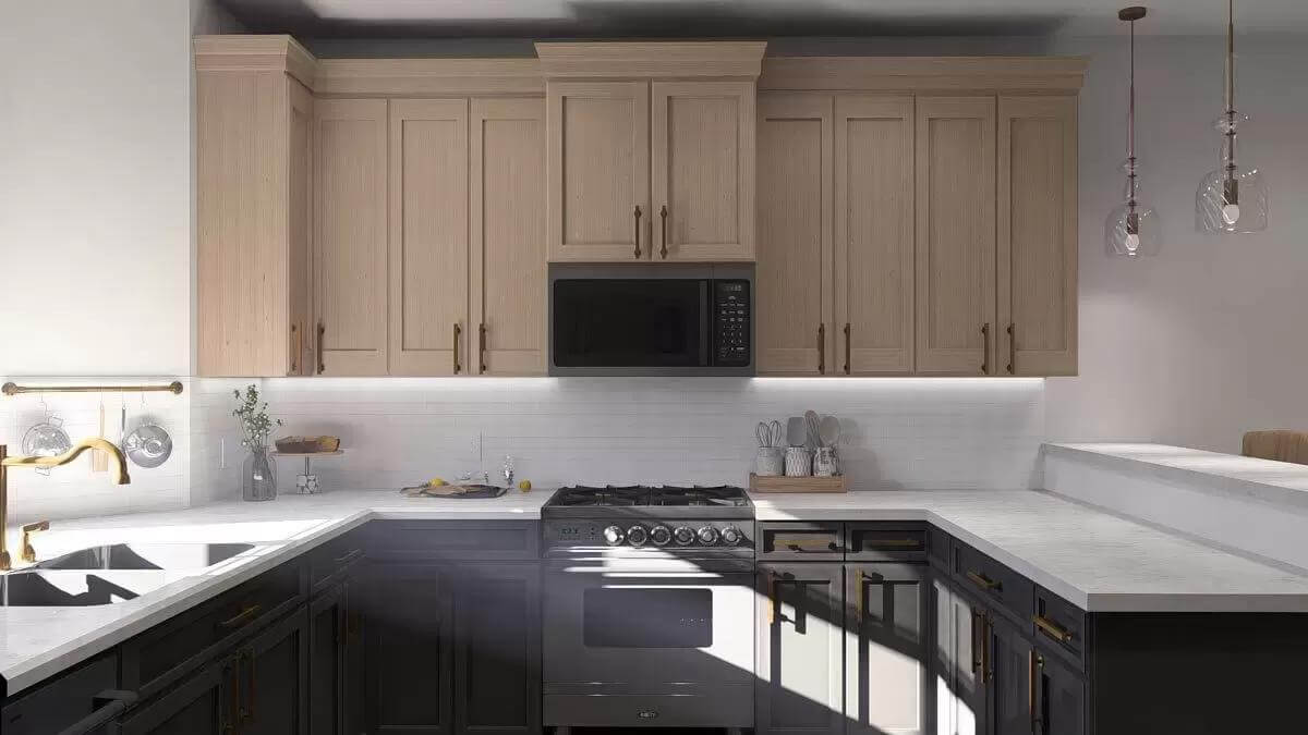 Kitchen with gray and wood cabinets, granite countertops, and a peninsula bar with a raised eating bar.