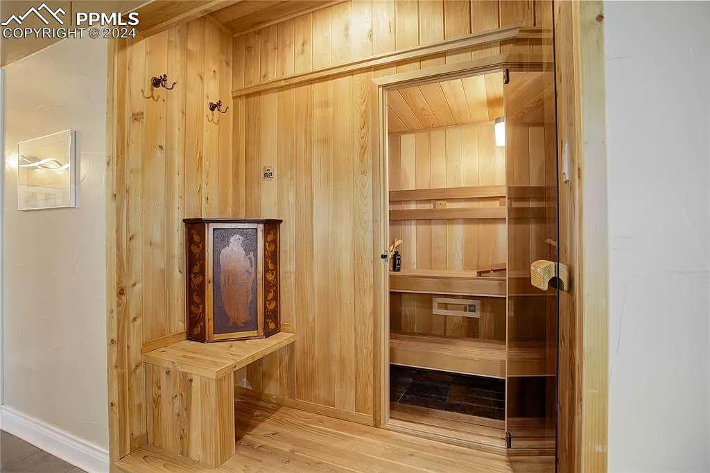 Sauna with a built-in bench.