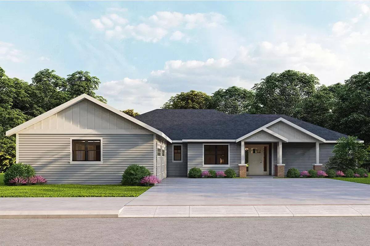 Front view with a side-loading garage and a covered entry porch.