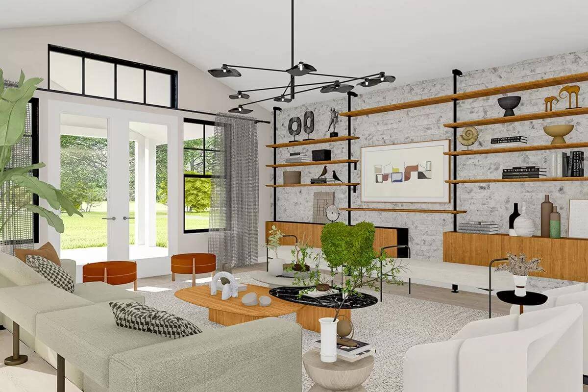 Great room with modern seats, nesting coffee tables, a vaulted ceiling, and a French door that opens to a covered patio.