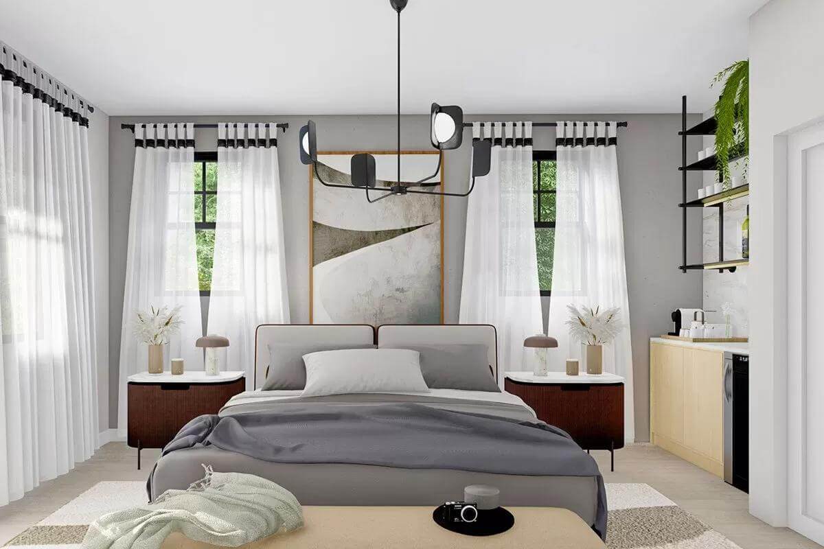 Primary bedroom with a coffee bar and a platform bed flanked by dark wood nightstands.