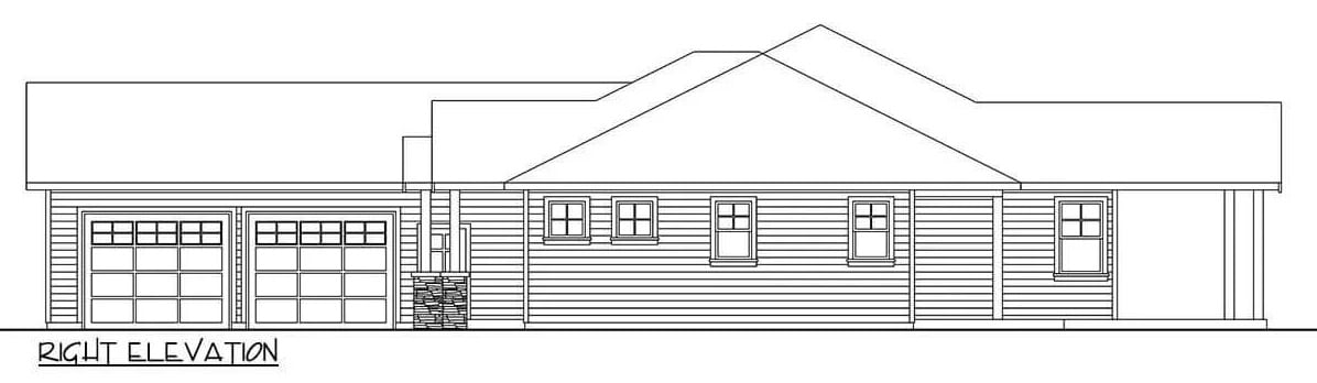 Right elevation sketch of the ranch style 4-bedroom home.