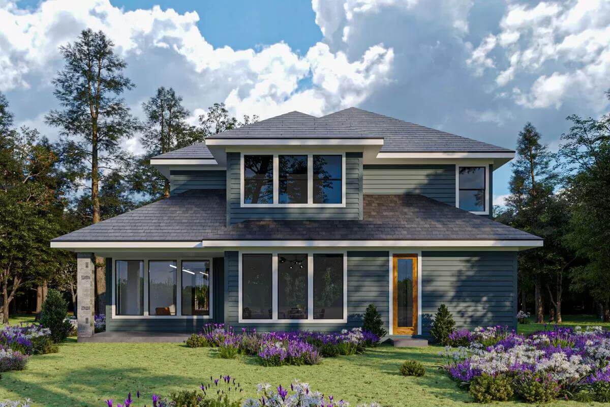 Rear view with white-framed windows, hipped roofs, and a screened porch.