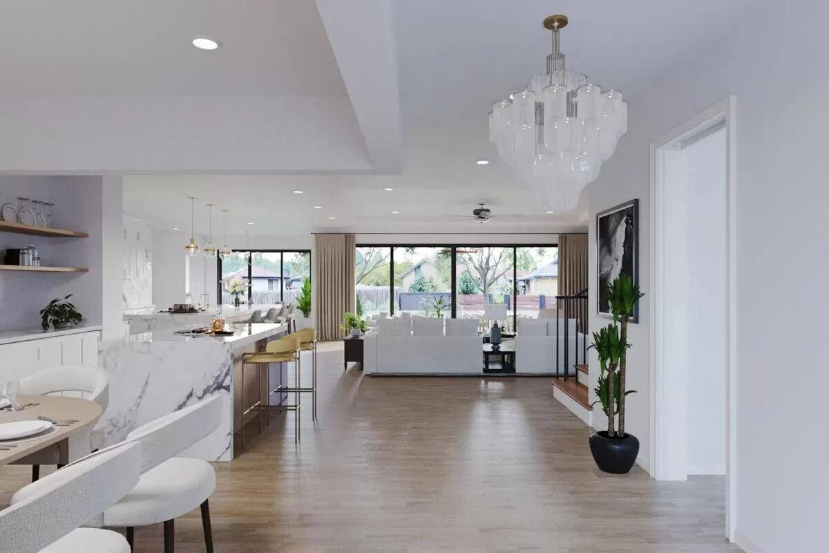 An open layout view of the dining room, kitchen, and great room.