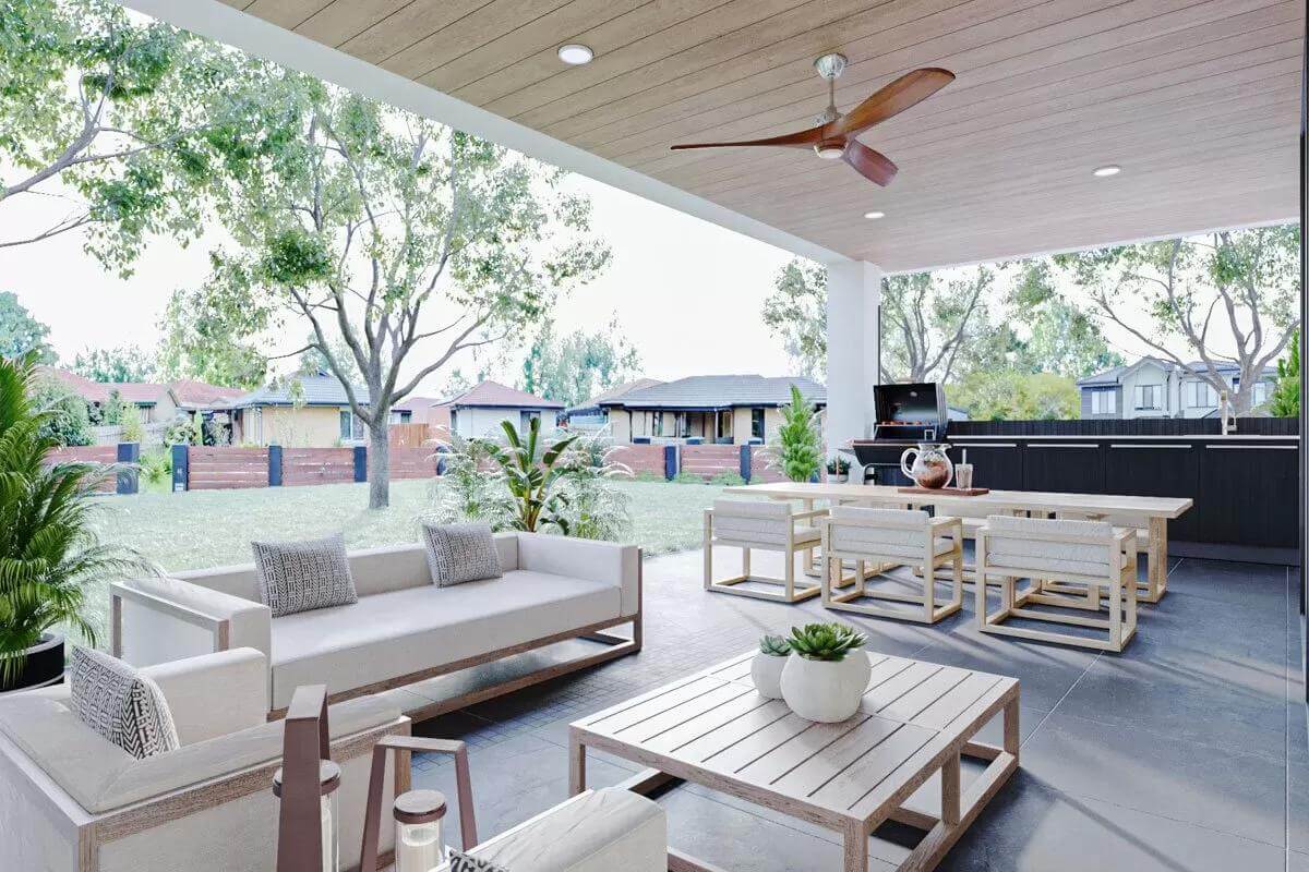 Covered porch with modern sofas, a wooden dining set, and a summer kitchen.