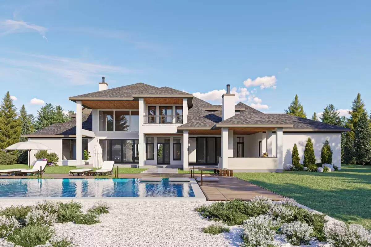 Rear view with stacked porches, glass sliders, and a swimming pool.