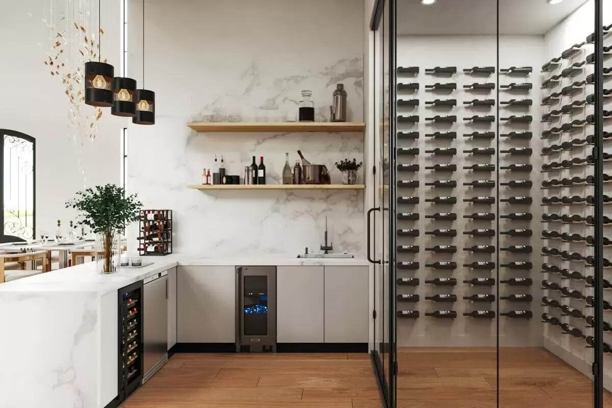Wet bar with a built-in fridge and a wine vault.