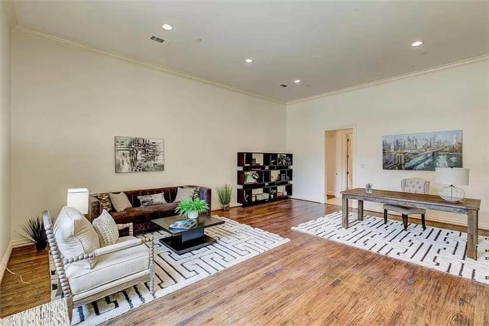 Spacious home office with sophisticated decor
