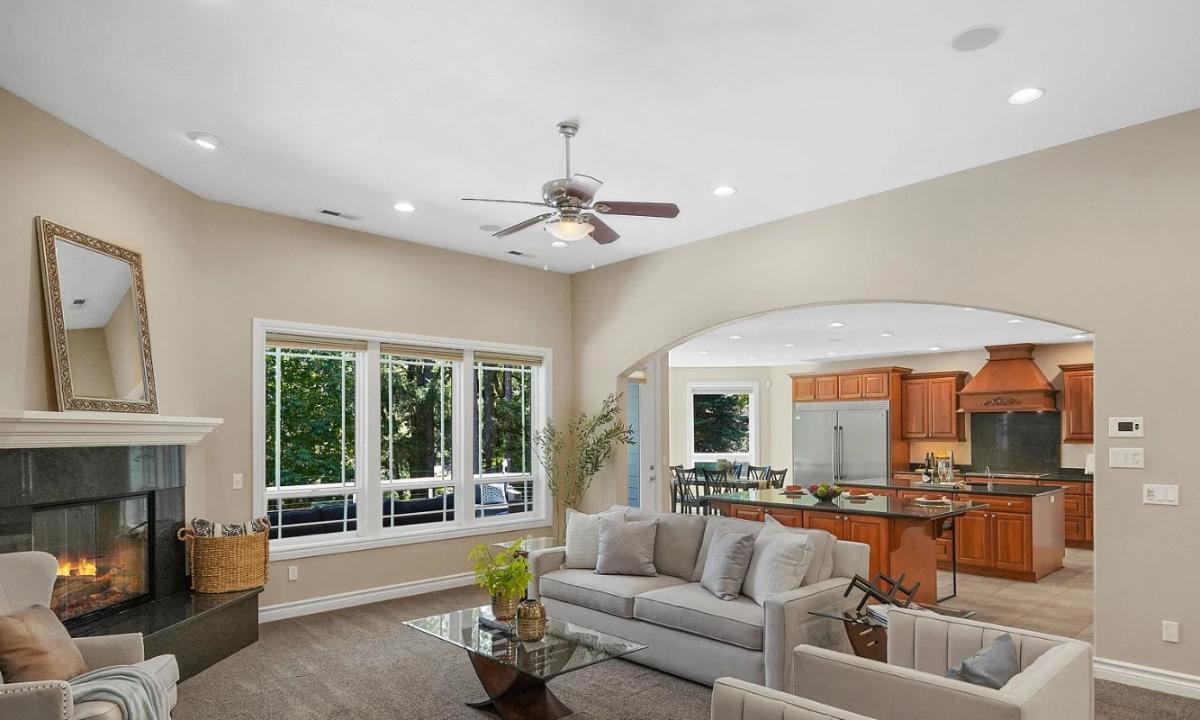 Living room with couches and a fireplace.