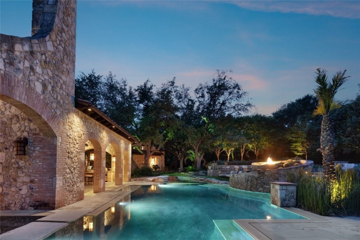 A swimming pool situated in the backyard.