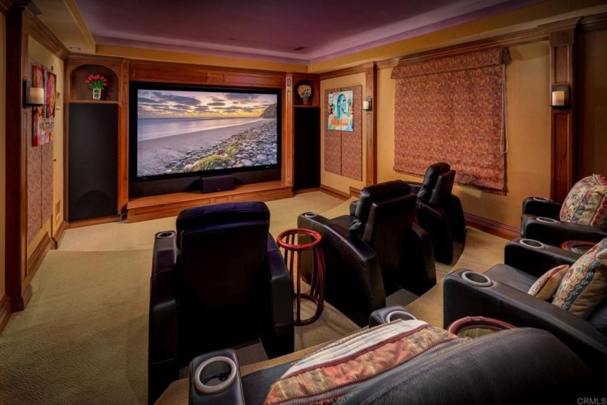 A home office with a large screen and cinema chairs.