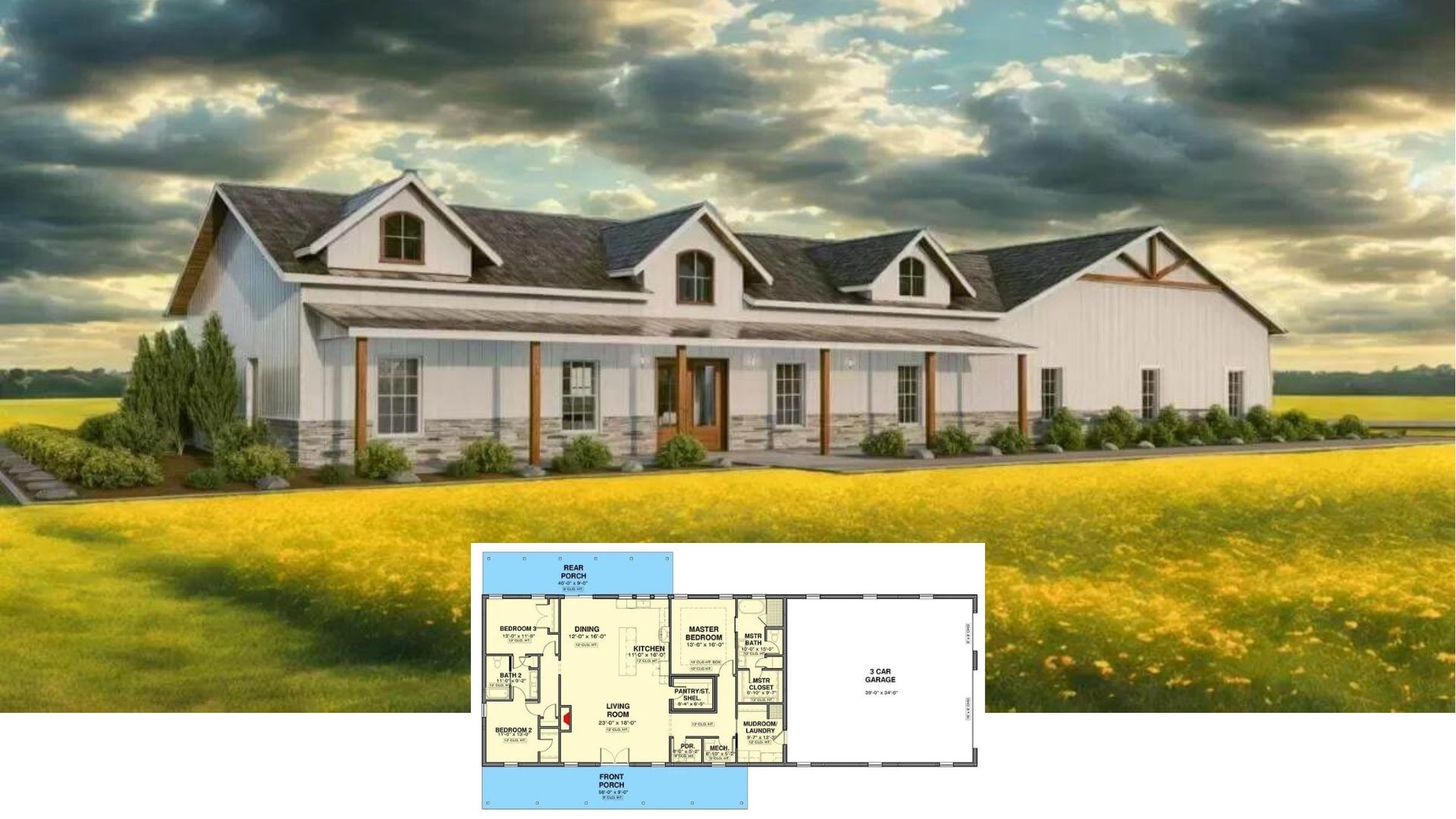 Tour This Porch-Wrapped 4-Bedroom Farmhouse with Dormer Windows and a 3-Car Garage (Floor Plan)