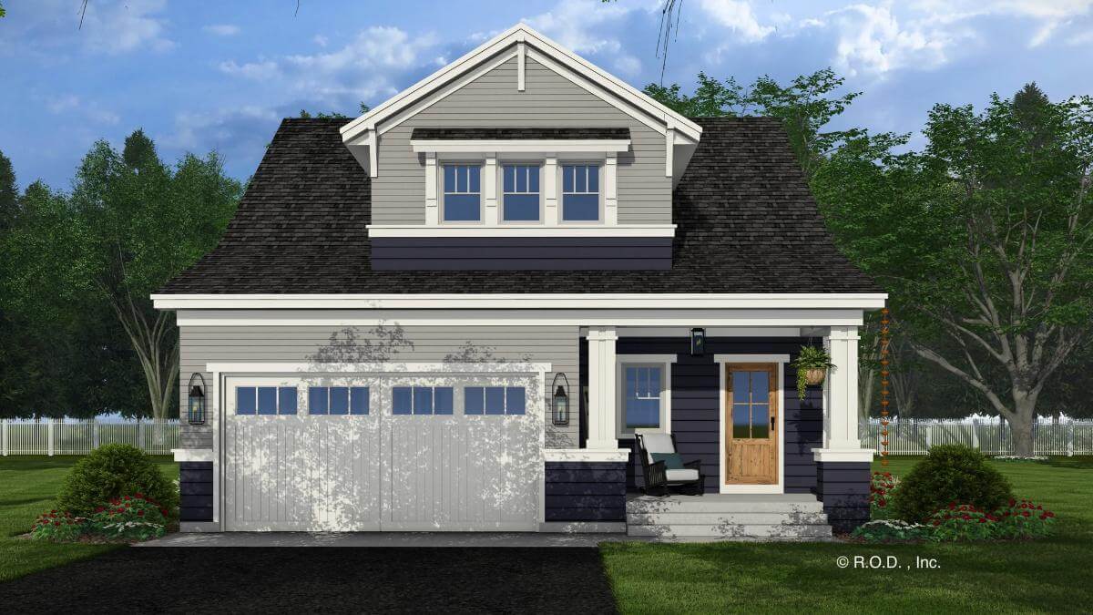 Front view with a double garage and a covered entry topped by a gable dormer.