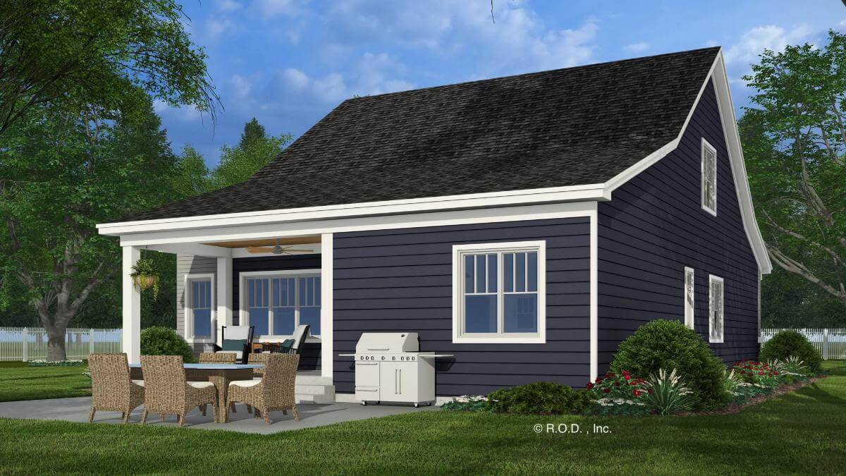 Rear view with a covered porch and a concrete patio.