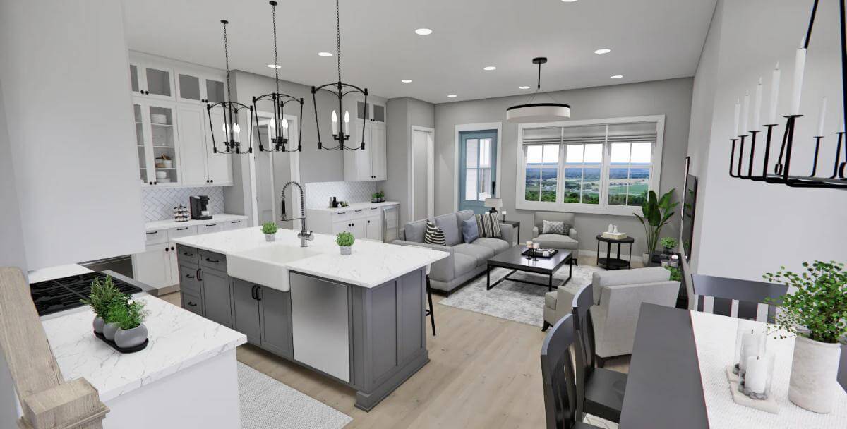 View of the kitchen and great room from the dining area.