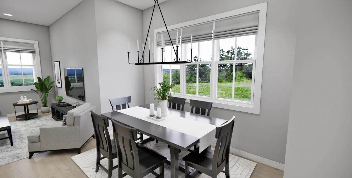 Dining room with a dark wood dining set illuminated by a wrought iron chandelier.