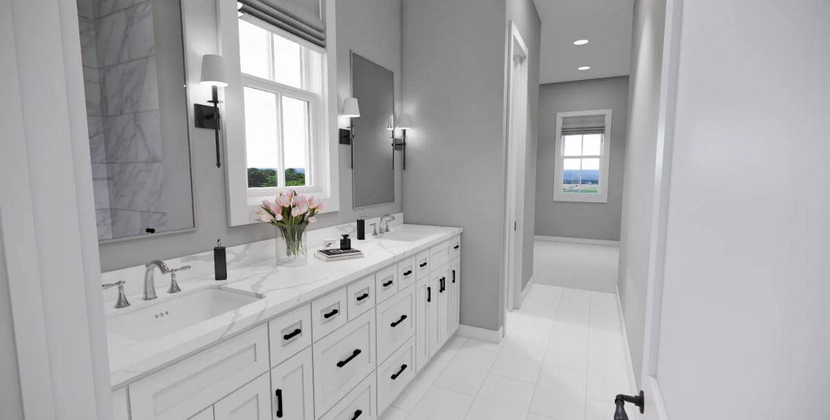 Primary bathroom showcasing the dual sink vanity set under the white-framed window.