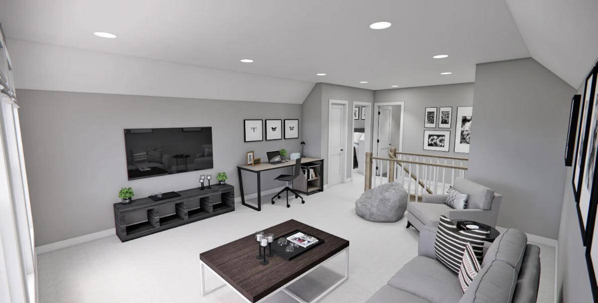 Loft with a sectional sofa, an iron desk, and a wall-mounted TV.