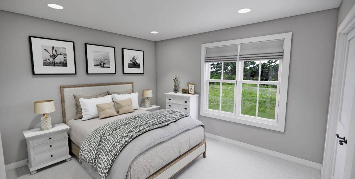 Bedroom with a wooden bed and a white-framed window.