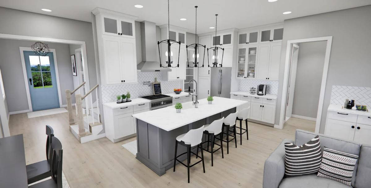 Kitchen with white cabinetry and a breakfast island lined by four bar stools.