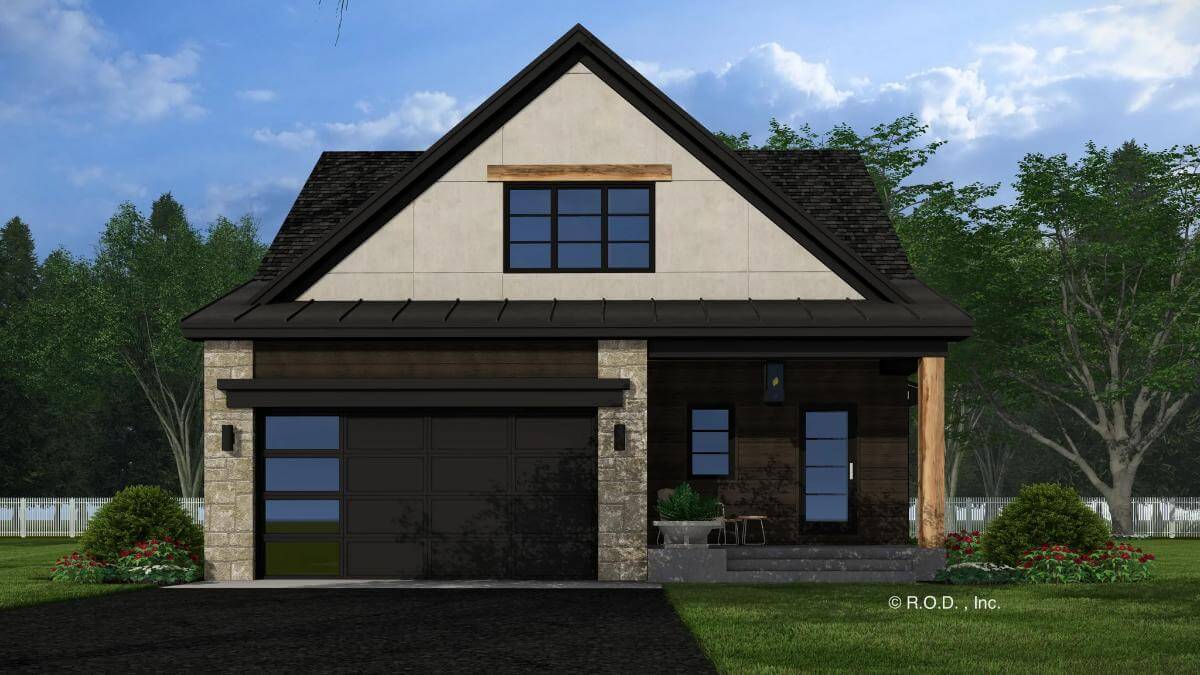 Front view with a covered entry and a double garage.