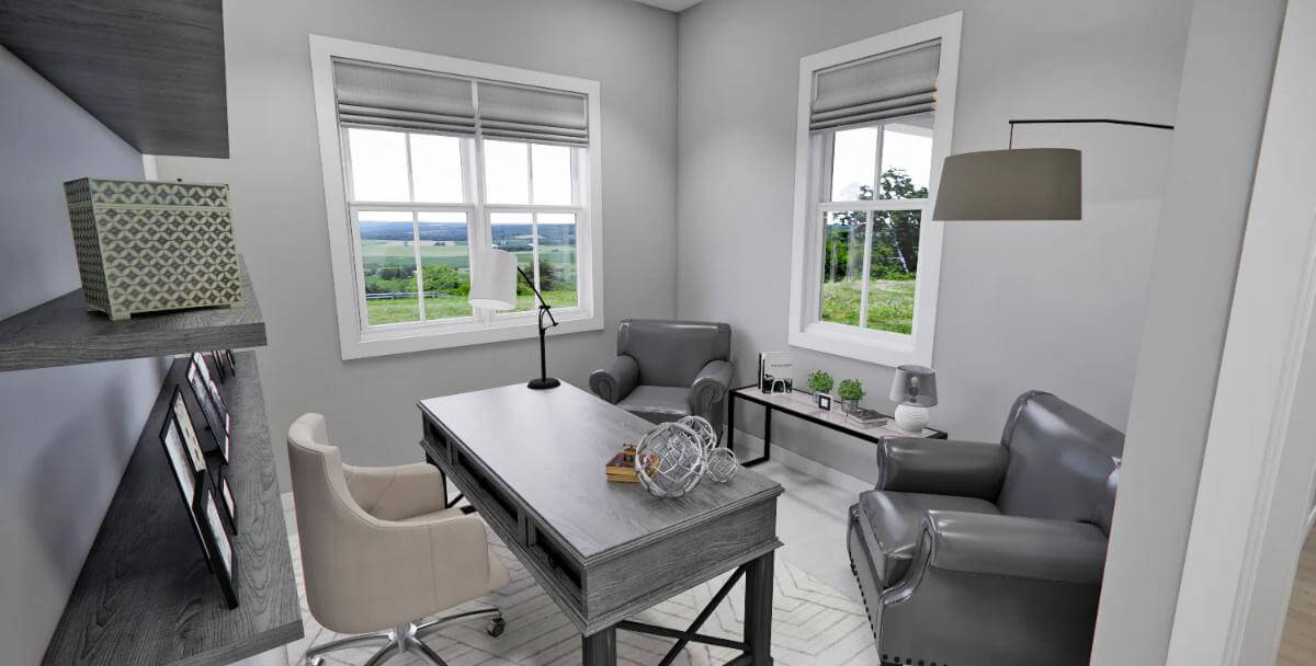 Office with leather chairs, a rustic des, and white-framed windows.