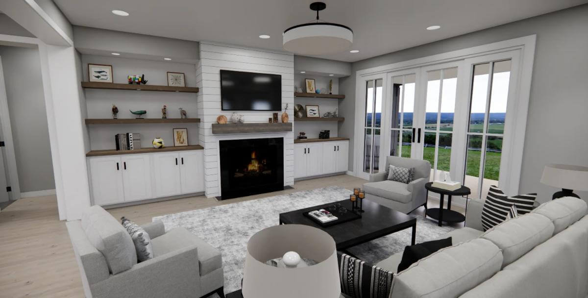 Great room with gray seats and a fireplace flanked by built-in shelves and cabinets.