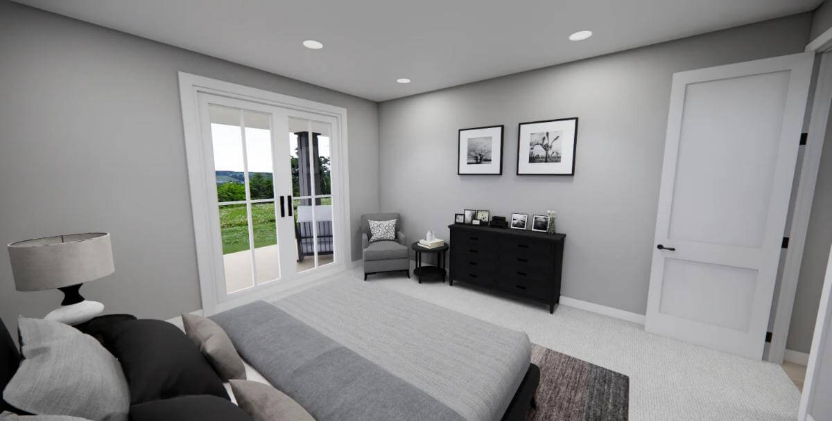 Primary bedroom with a carpeted floor and outdoor access via a French door.