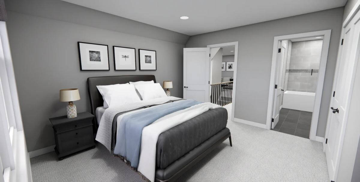 Bedroom with a platform bed and an ensuite bathroom.