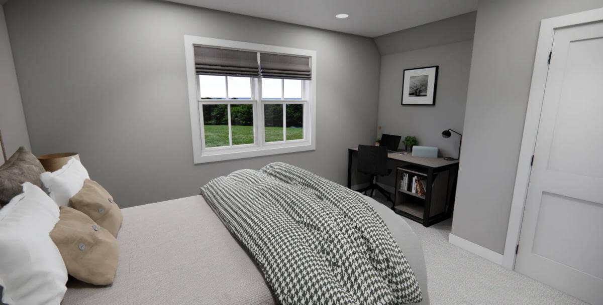 Bedroom with a wooden desk and white-framed windows.