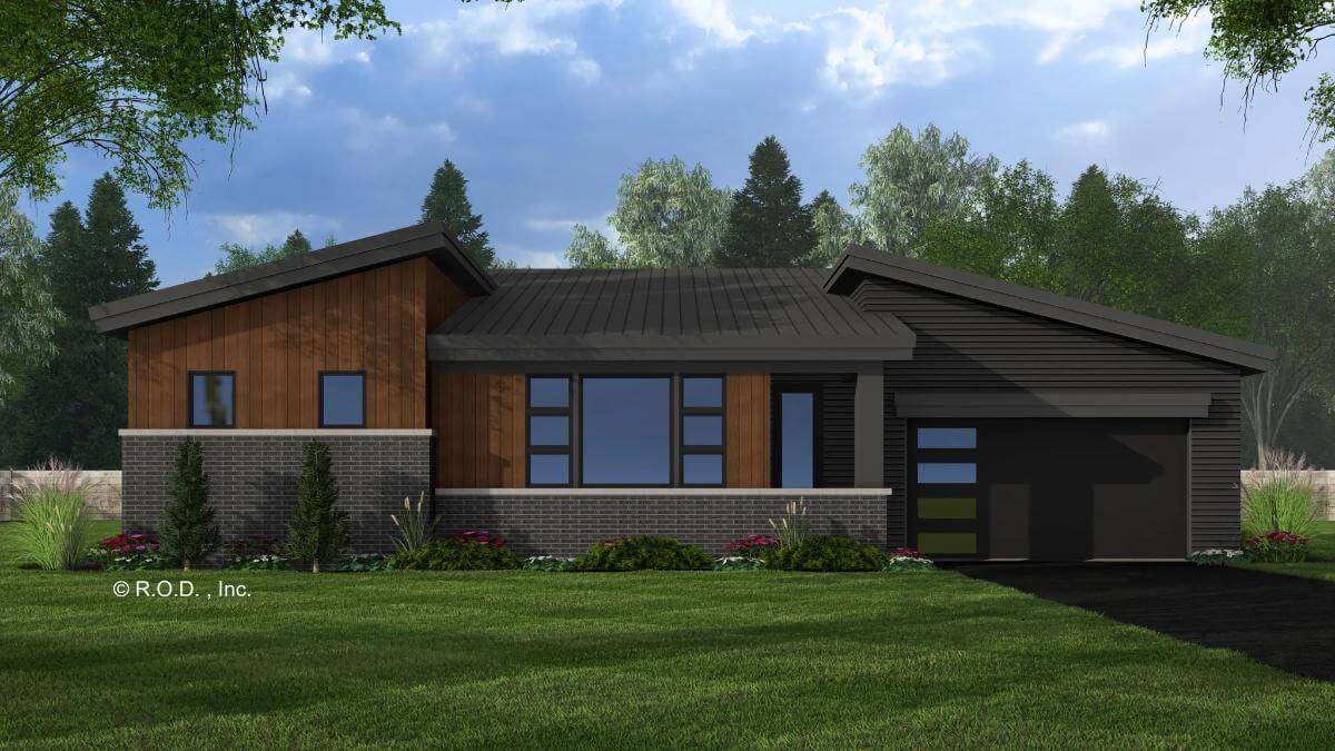 Front view with a covered entry and a double garage.