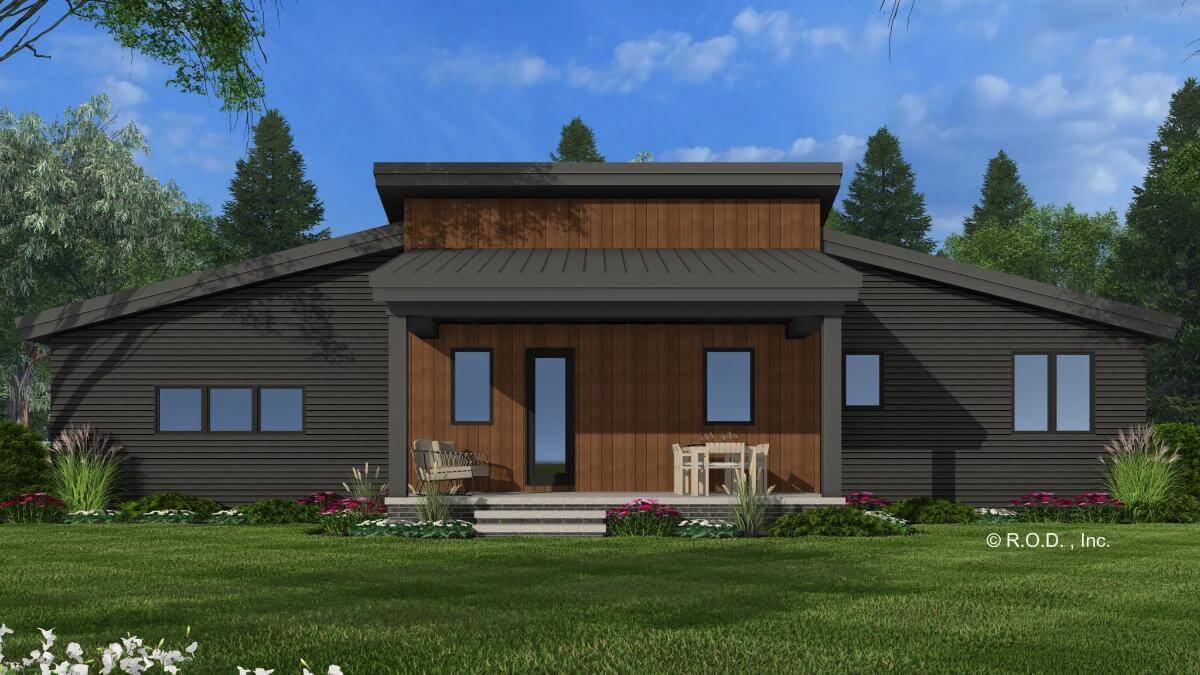 Rear view with a covered patio and sleek windows.