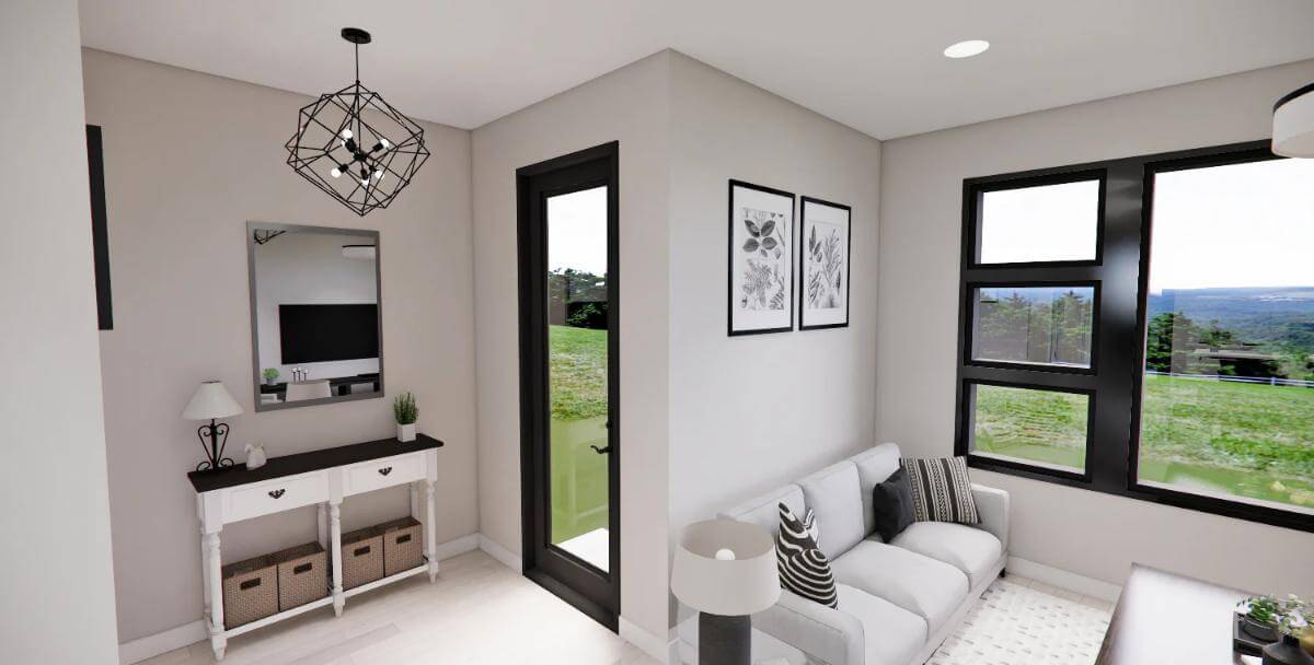 Entry with a glazed front door and a console table topped by a mirror.