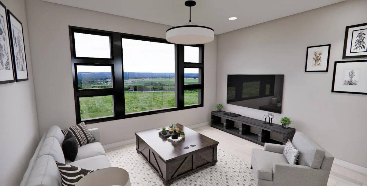 Living room with gray seats and a wall-mounted TV.