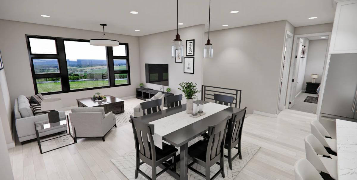 Dining area with a dark wood dining set topped by wrought iron pendants.