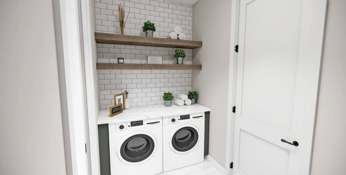 Laundry room with a marble countertop and floating shelves.