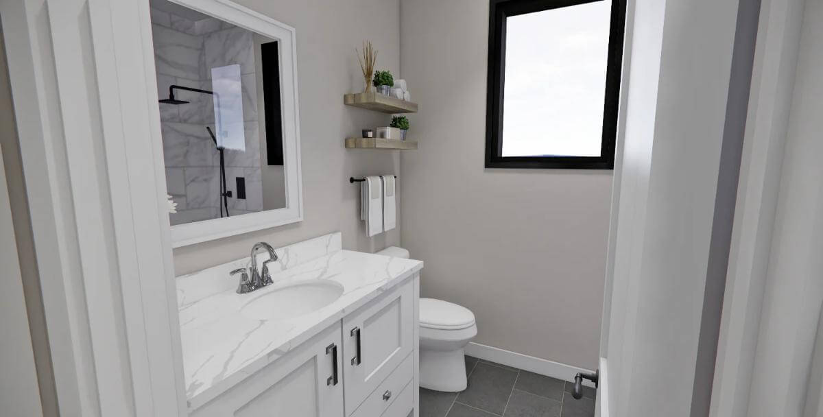 Bathroom with a sink vanity and a picture window.