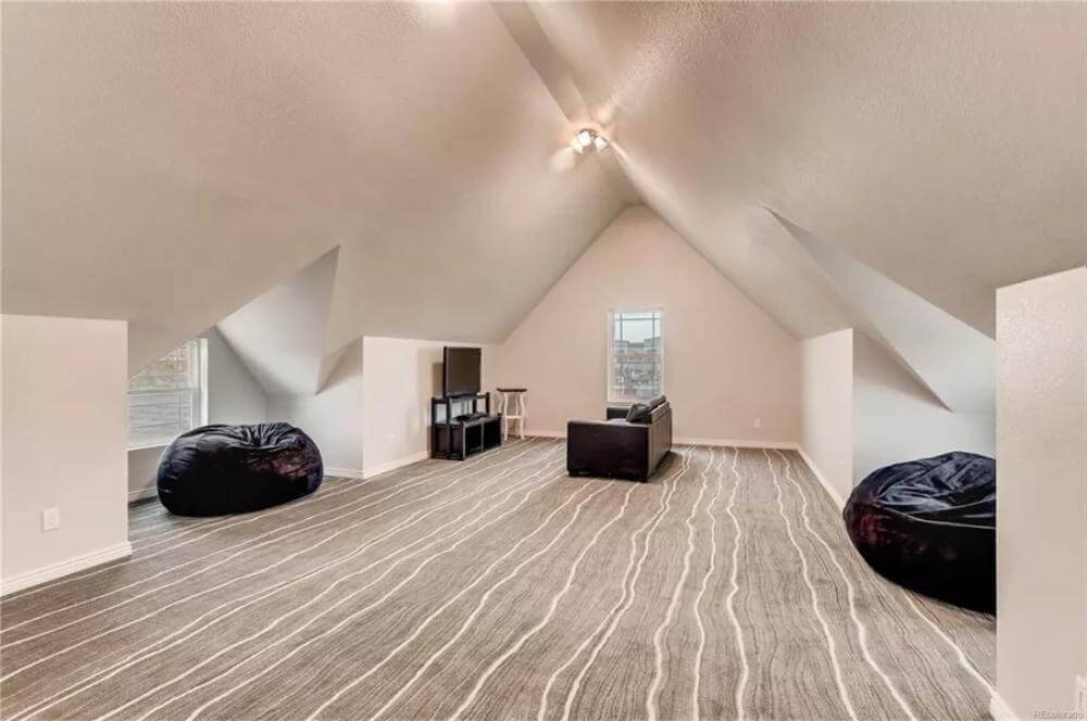 Bonus room with a carpeted floor, bean bags, and a leather sofa under a vaulted ceiling.