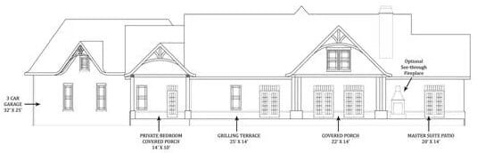 Rear elevation sketch of the Tres Le Fleur 3-bedroom rustic ranch.