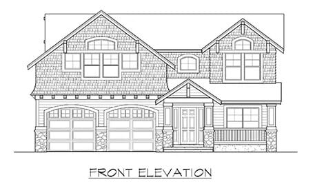 Front elevation sketch of the Woodland Meadows 3-bedroom craftsman home.