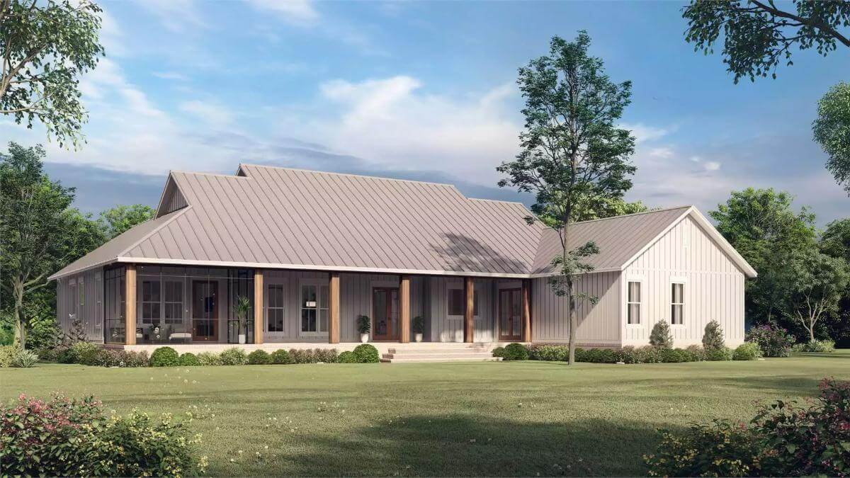 Rear view with a covered patio framed by timber posts.