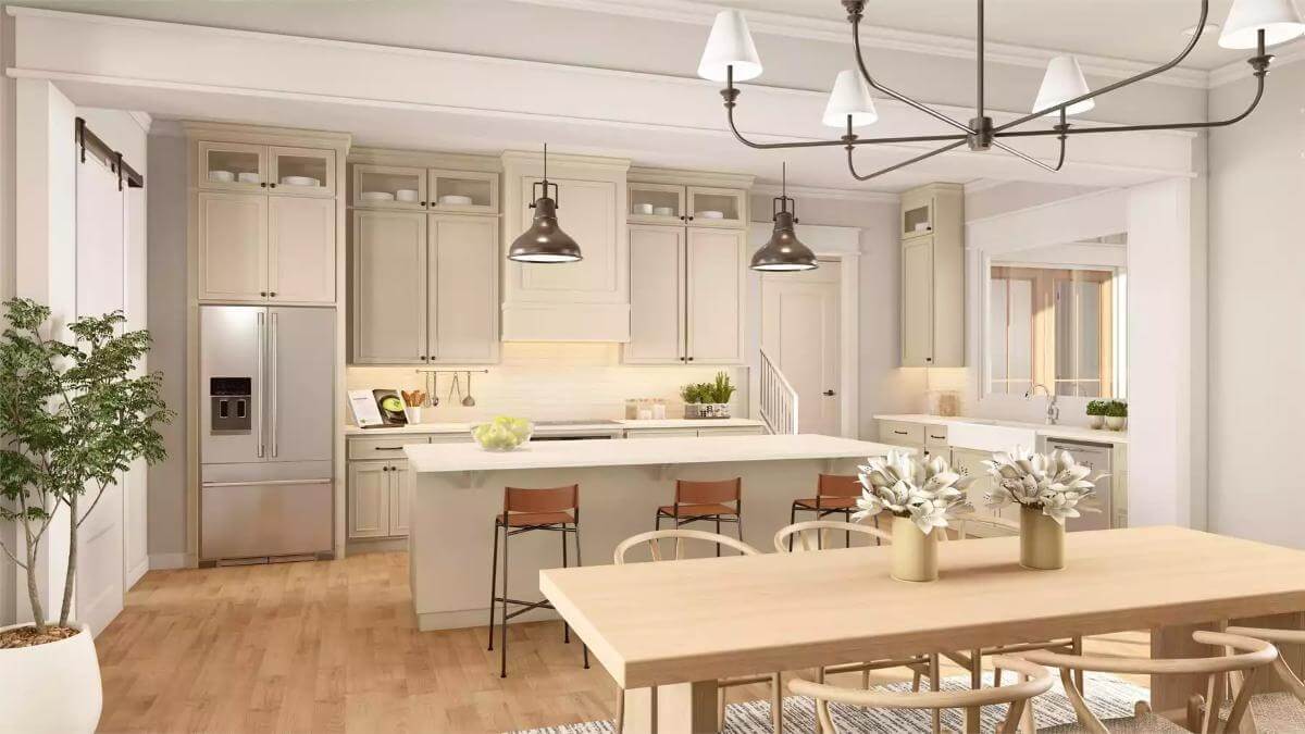 Kitchen and dining area with hardwood flooring and white walls.